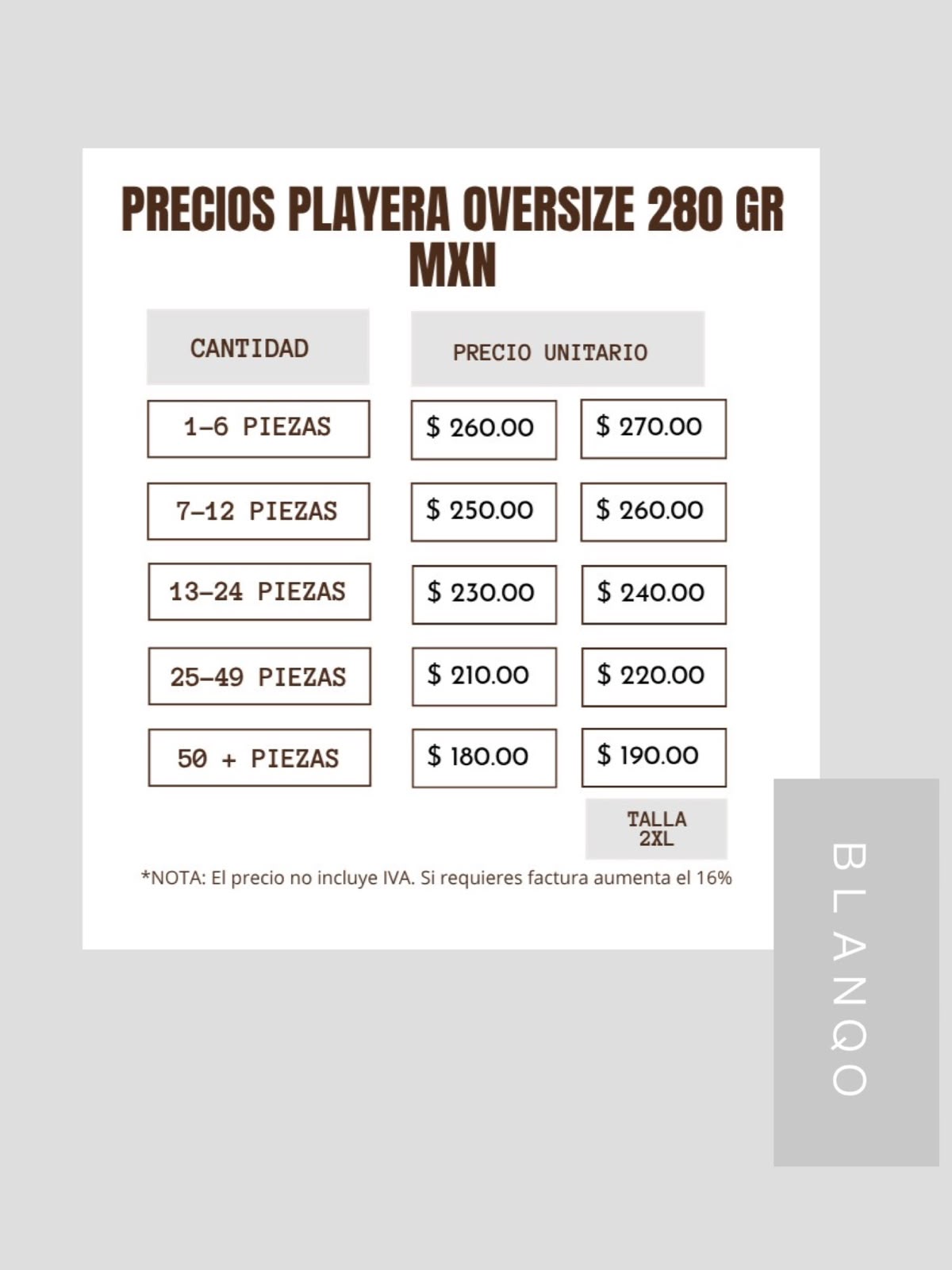 Tabla de precios