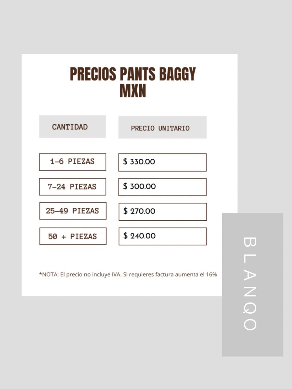 Tabla de precios